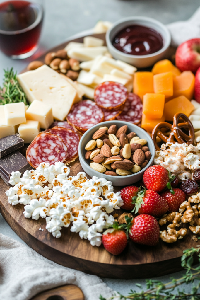 Simple charcuterie board with fruit, popcorn, salami and nuts.