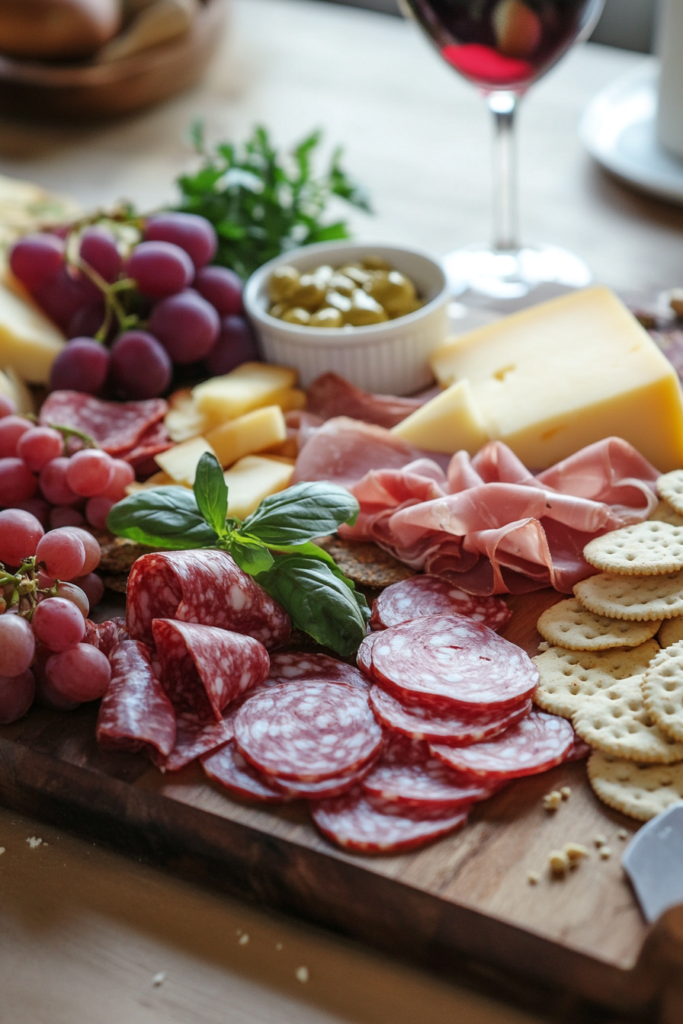Simple charcuterie board featureing cold cured meats, cheeses, grapes and creackers.