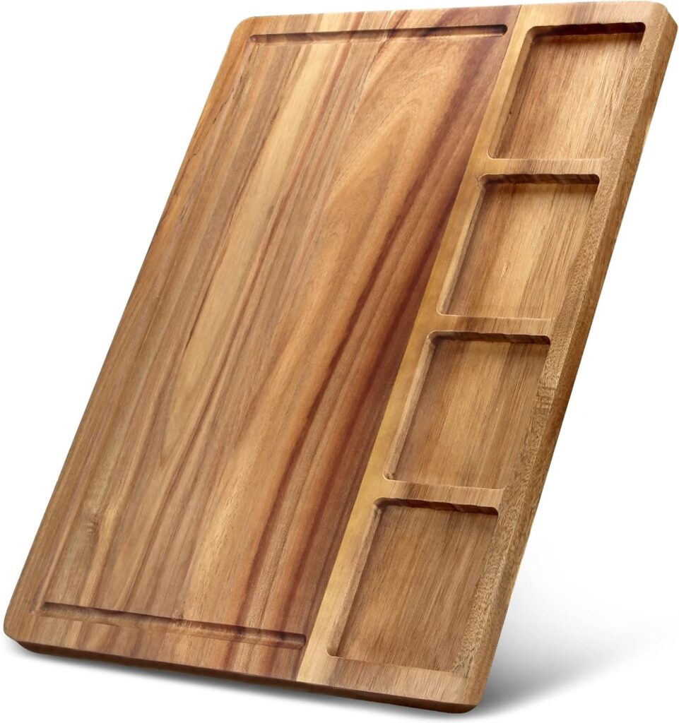 Charcuterie board made of wood with sections.