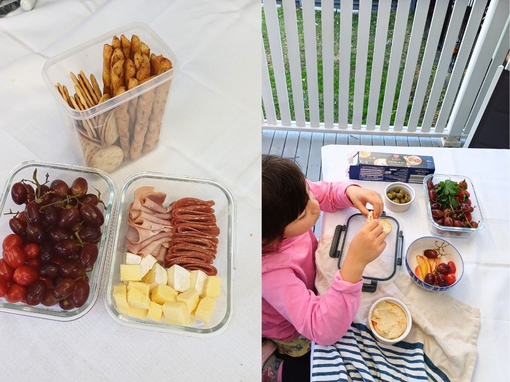 Images showing how to store the leftovers of a charcuteire board or a child eating the leftovers.