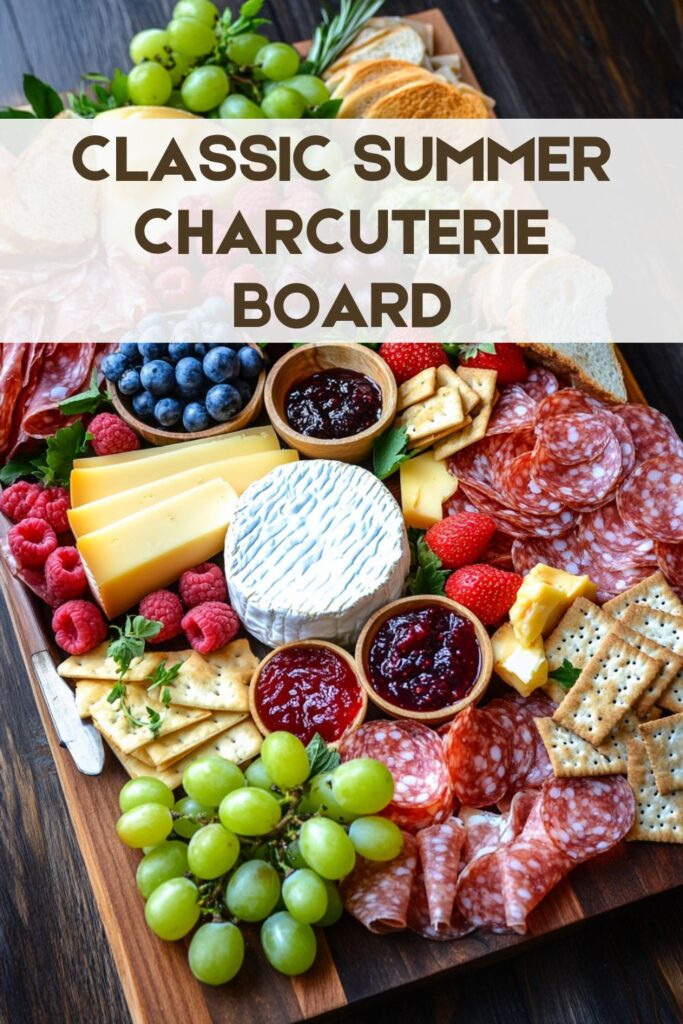 Classic summer charcuterie board with cheeses, grapes, berries and cured meats displayed on a wooden board.