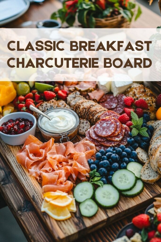 Classic Charcuterie board with slices of ham, sloked salmon, cream cheese, salami and berries.