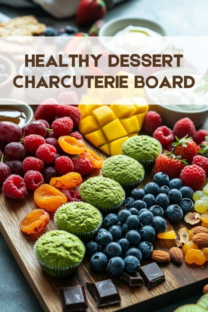 Healthy dessert charcuterie board featuring matcha muffins and fruit.