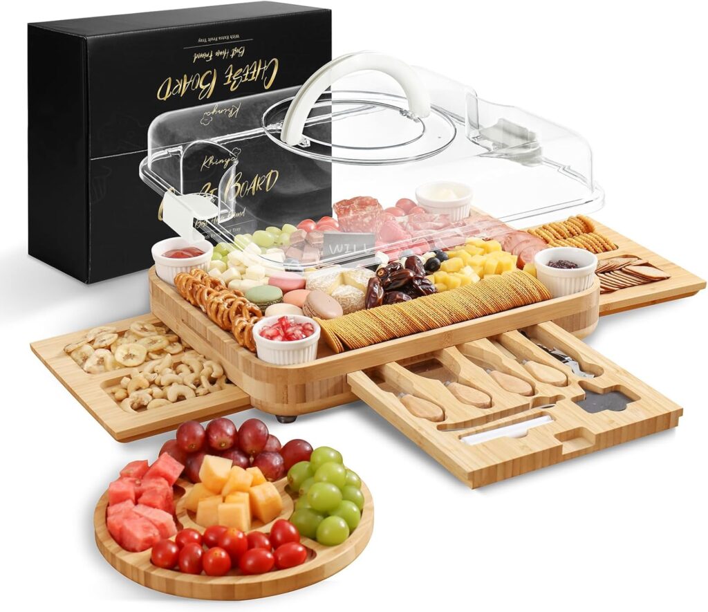 Multisection serving charcuterie board with lid from Amazon and a black box.