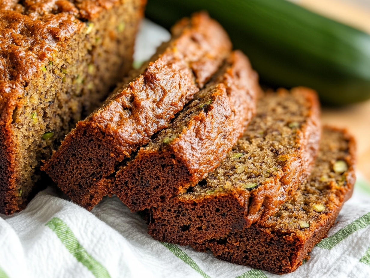 Thick slices of healthy banana zucchini bread on a white and green striped kitchen towel with a raw zucchini in the background.