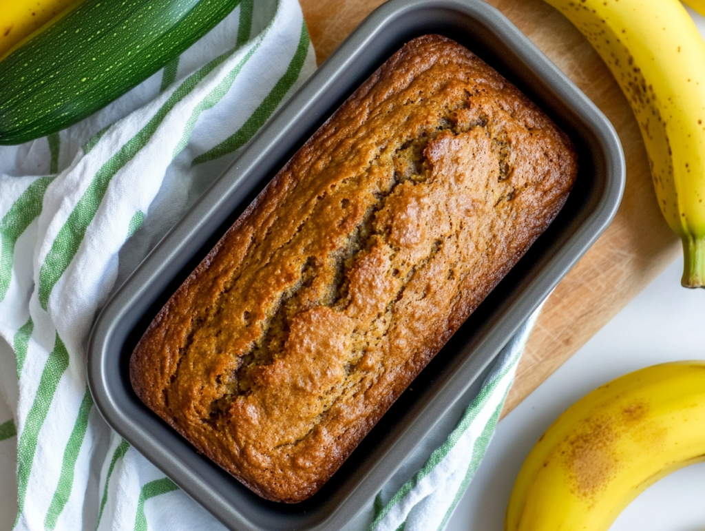 Top down view of a loaf of a banana zucchini bread in a baking loaf pan with some bananas and zucchini on the side.