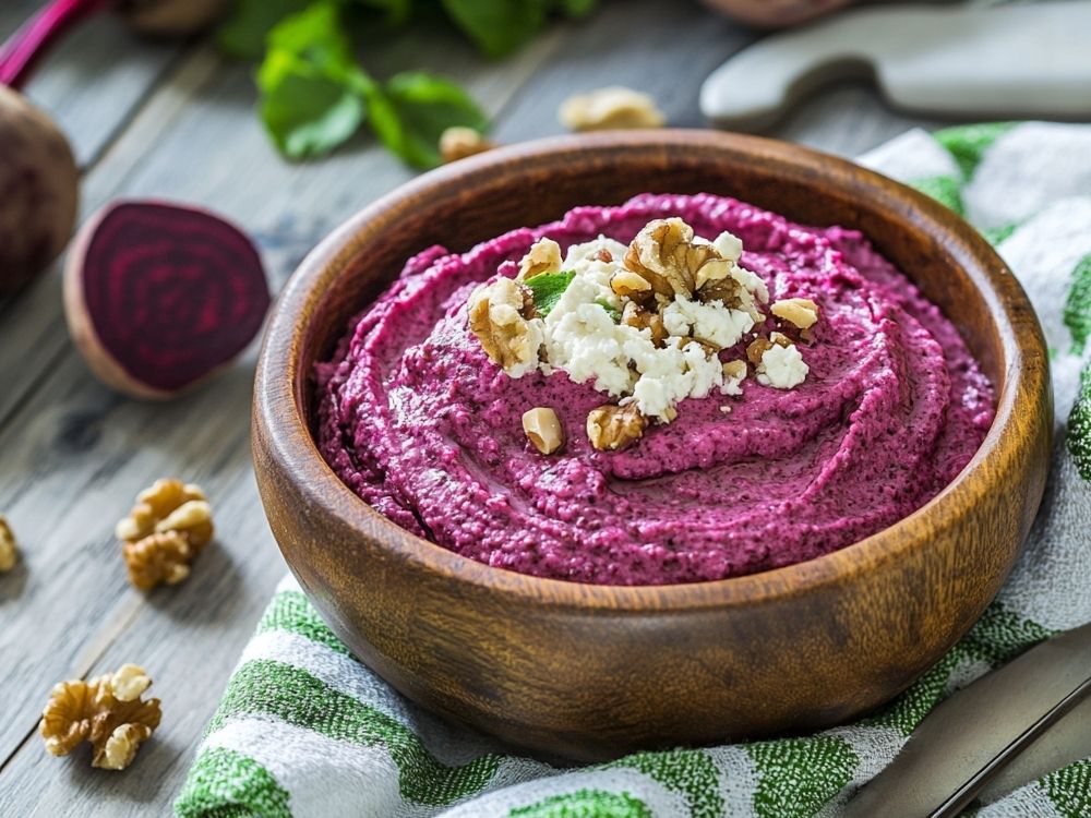 Home made beetroot and walnut dip in a wooden bowl.