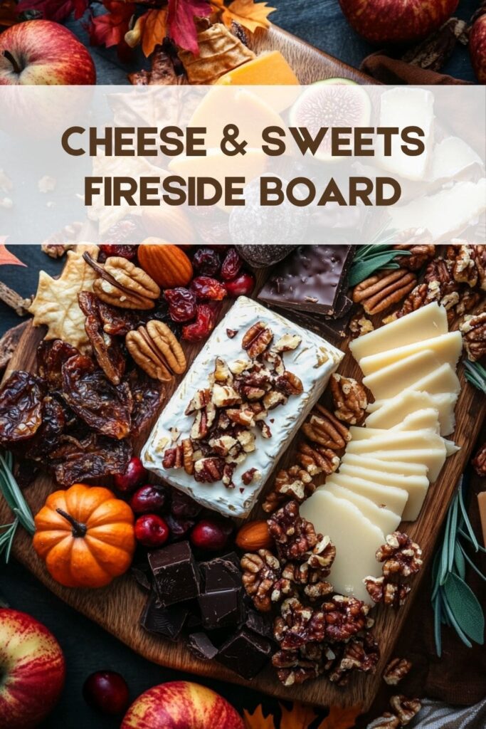 Top down view of a charcuterie board featuring mini pumpkins, cheeses, goat cheese log with pecan nuts, dried fruit and fresh fruits.