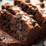 Close up of sliced moist chocolate chip zucchini bread freshly baked on a chopping board.