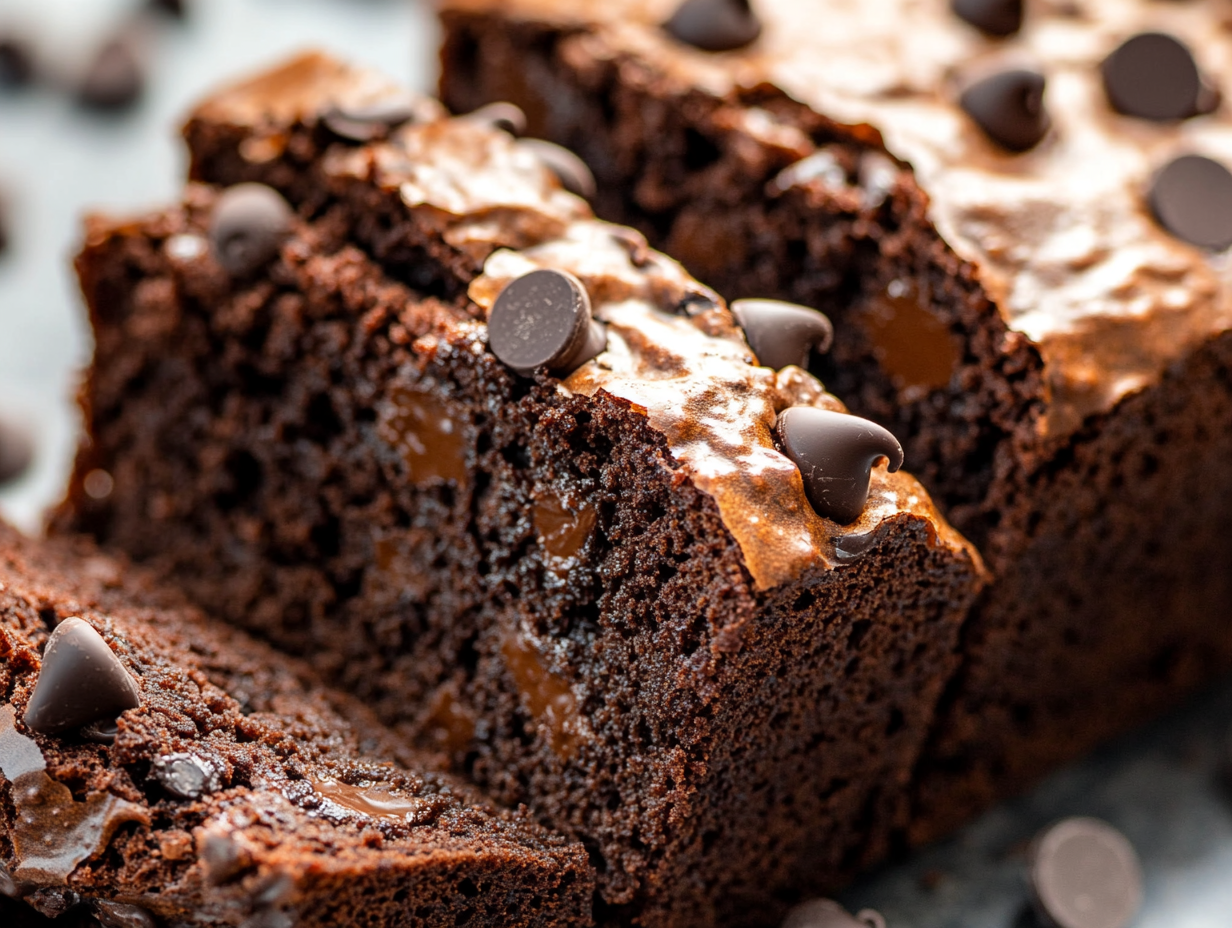 Close up of sliced moist chocolate chip zucchini bread freshly baked on a chopping board.
