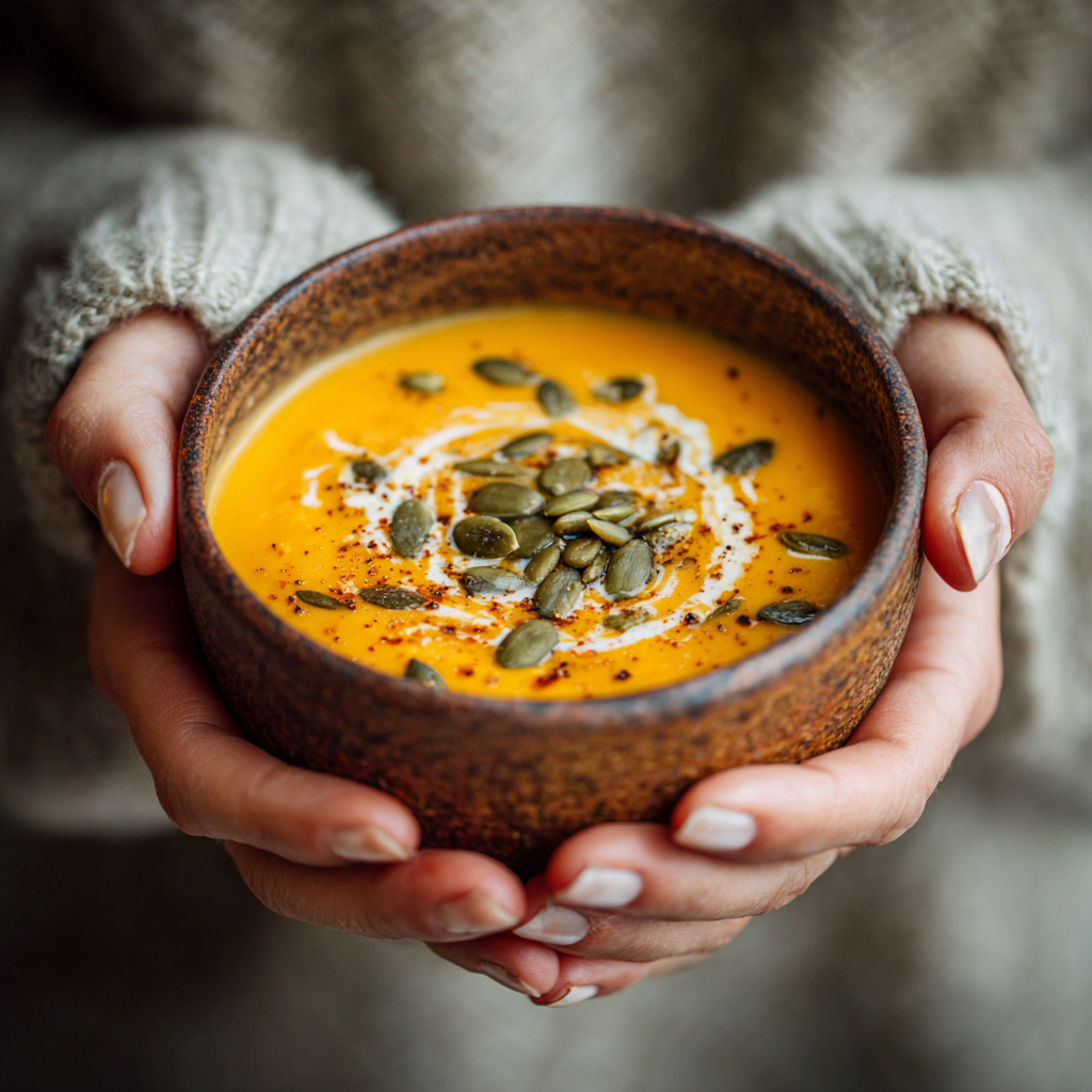 Woman holding a bowl of curried butternut squash soup in a rustic bowl.