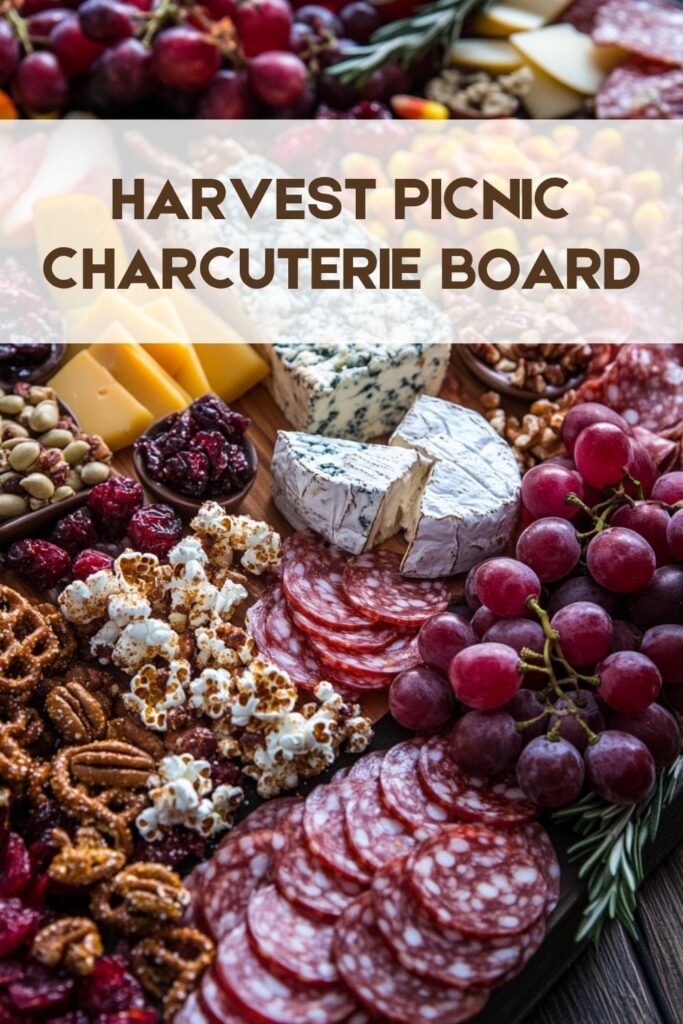 Charcuterie board featuring cheeses, cured meats, grapes and pretzels.