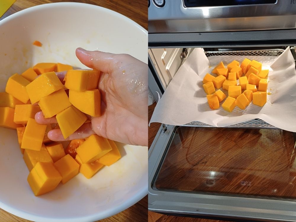 Image of hands dressing raw pumpkin pieces in olive oil and maple syrup and then baking them.