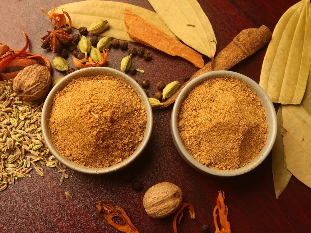Dried spices like cumin, turneric and bay leaves.