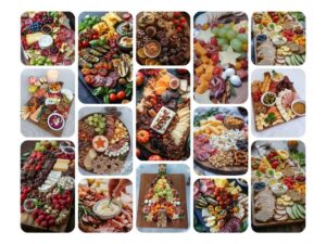 Collage of various charcuterie boards, showing different styles for Thanksgiving, Summer, Fall, Dessert and Simple charcuterie boards.