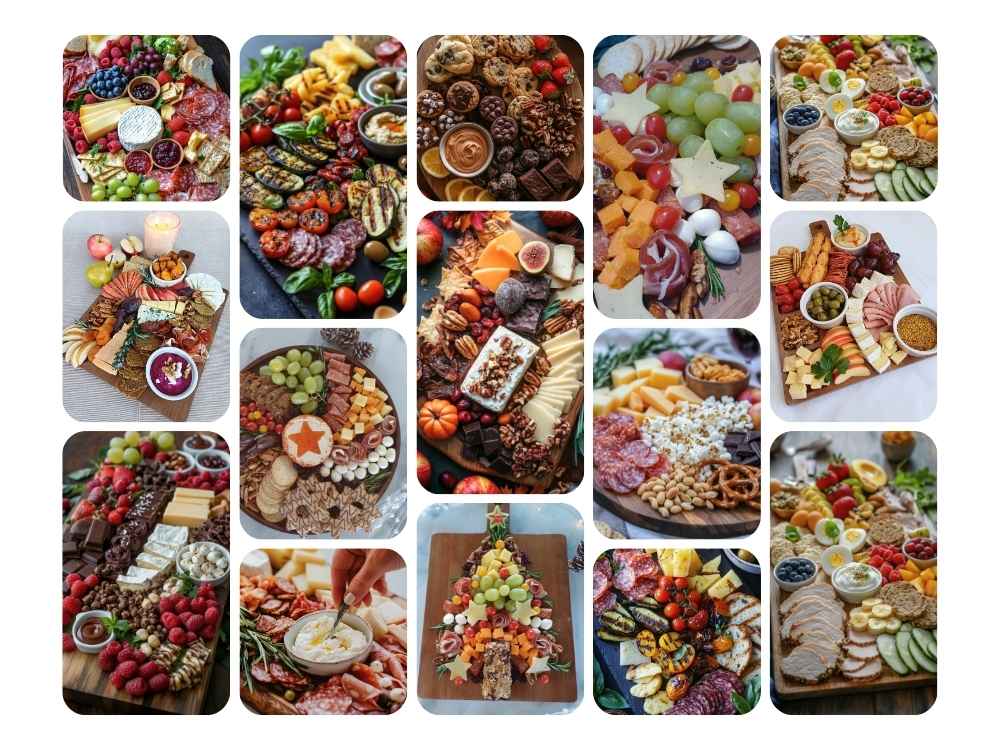 Collage of various charcuterie boards, showing different styles for Thanksgiving, Summer, Fall, Dessert and Simple charcuterie boards.