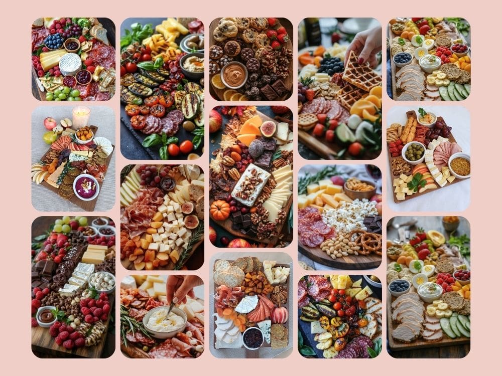 Collage of various charcuterie boards, showing different styles for Thanksgiving, Summer, Fall, Dessert and Simple charcuterie boards.
