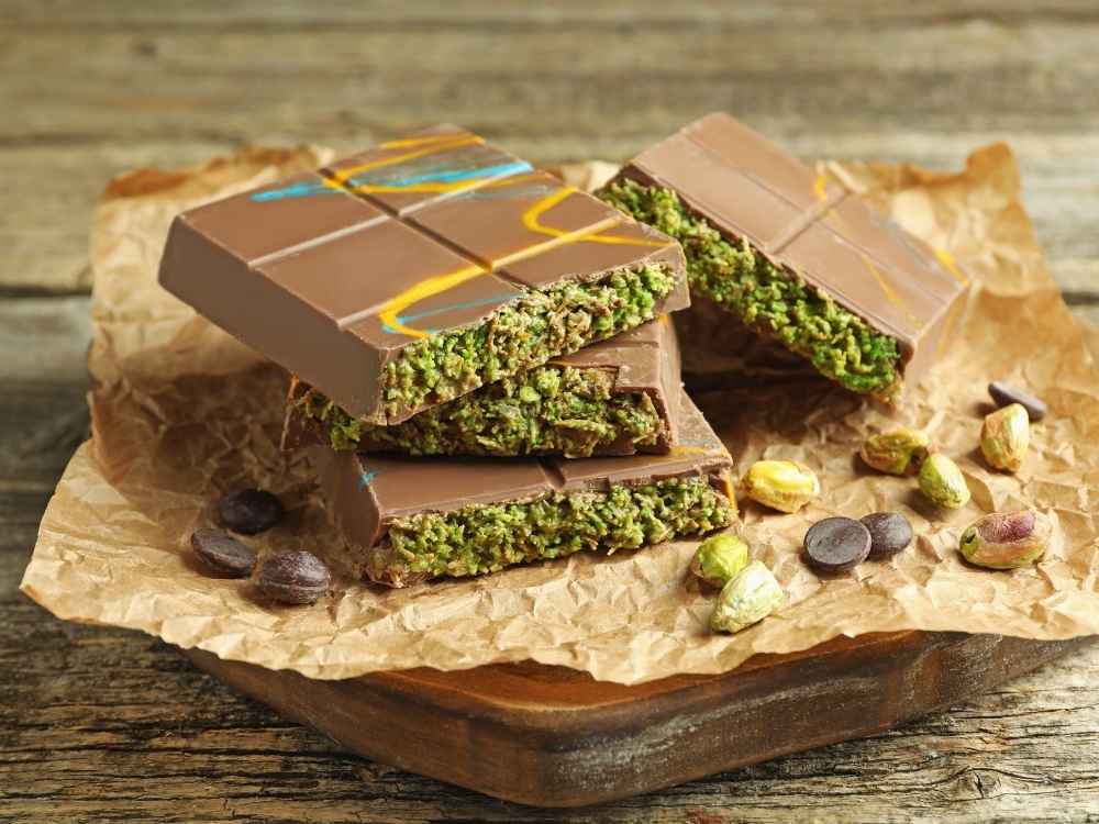 Pistachio knafeh in a milk chocolate bar Dubai chocolate flavor