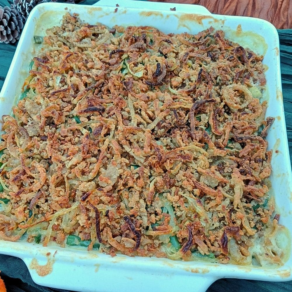 Baked green bean casserole with crispy onions