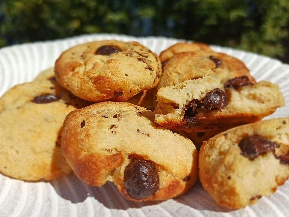 Close up of a batch of freshly baked cottage cheese cookies with chocolate chips, some a are broken to show the inside on a white plate