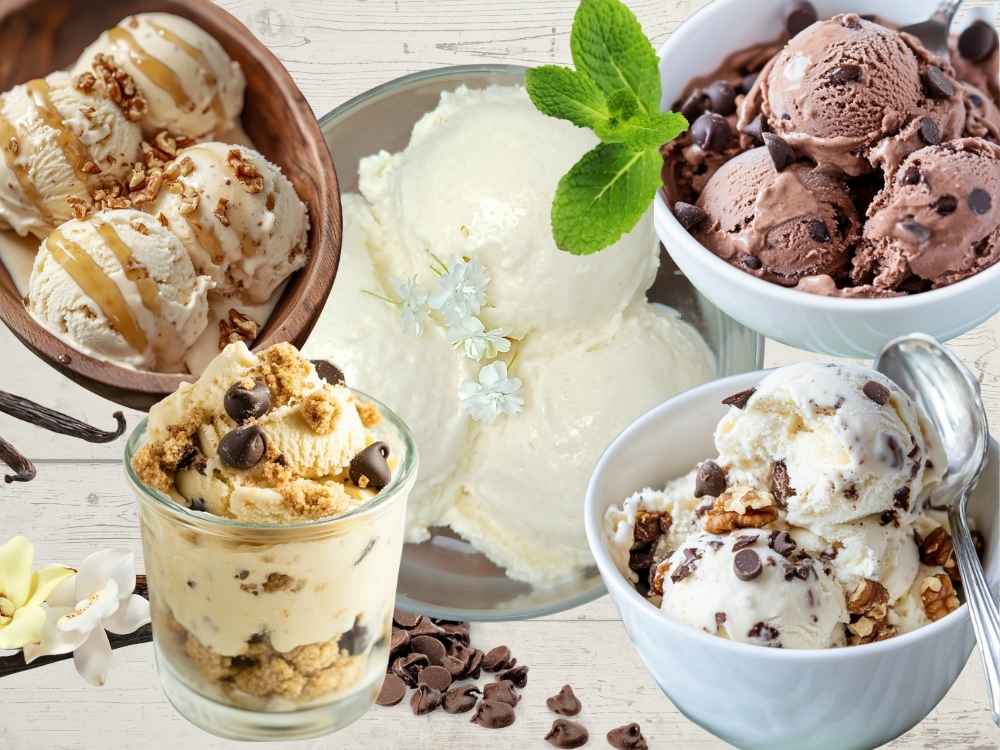 A collage of various flavors of Ninja Creami protein ice creams featuring chocolate chips, vanilla bean and mint leaves.