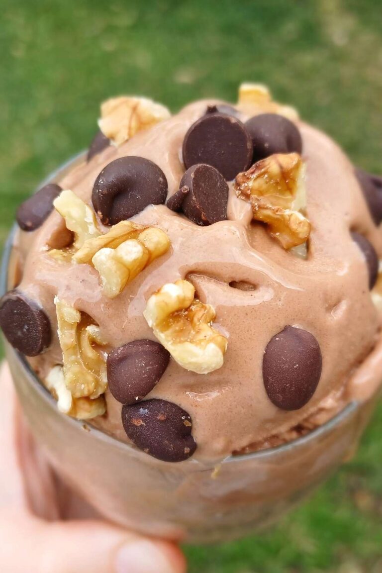 Banana chocolate home made Ninja Creami ice cream with chocolate chips and walnut mix-ins