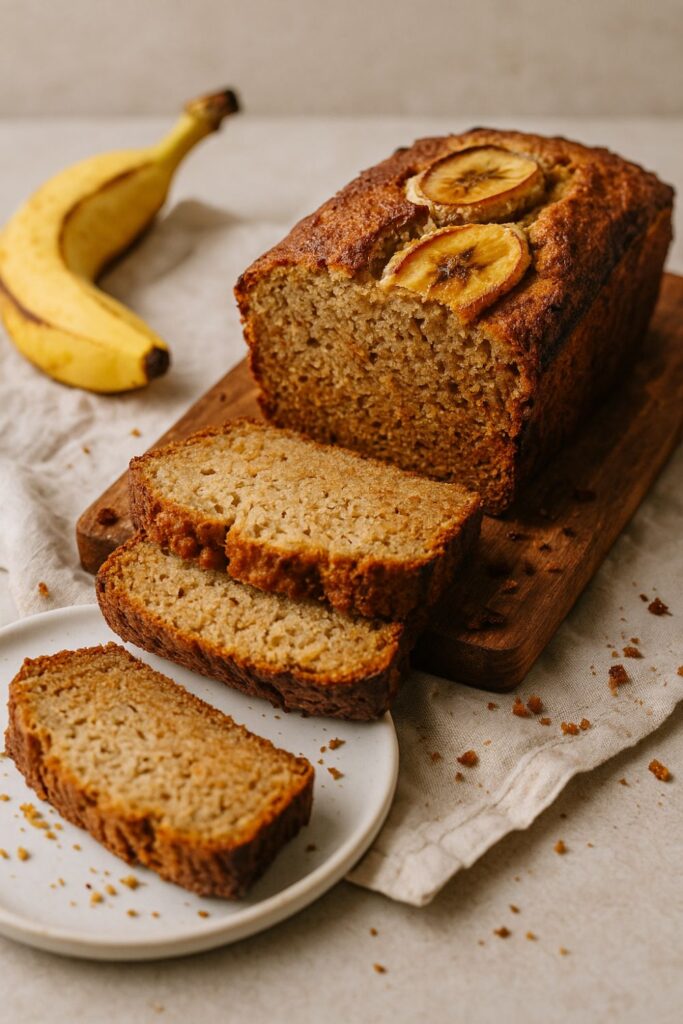 Sliced cottage cheese banana bread loaf with banana slices baked on top