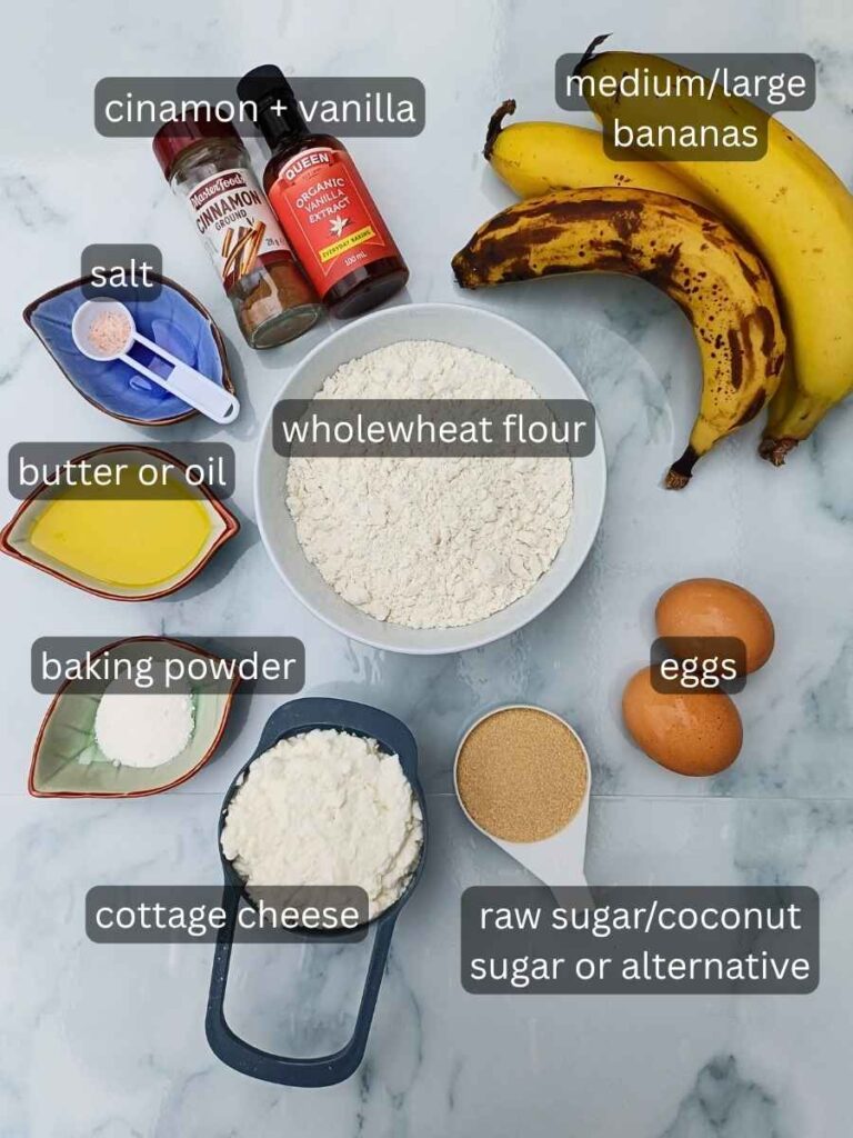 Ingredients for the cottage cheese banana bread