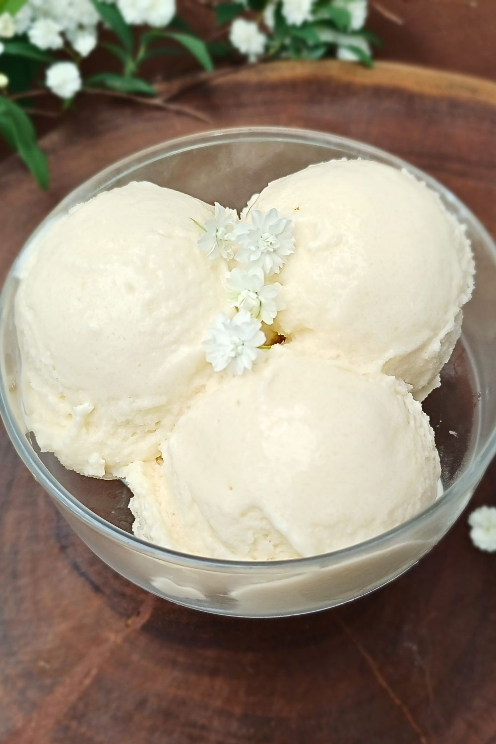 Close up of a creamy vanilla ice cream made at home in a glass serving bowl