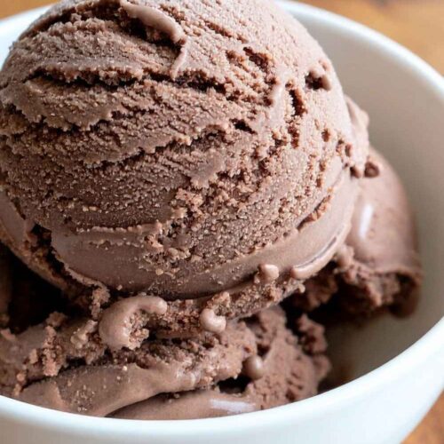 A close up of a scoop of creamy chocolate ice cream made with Ninja Creami machine