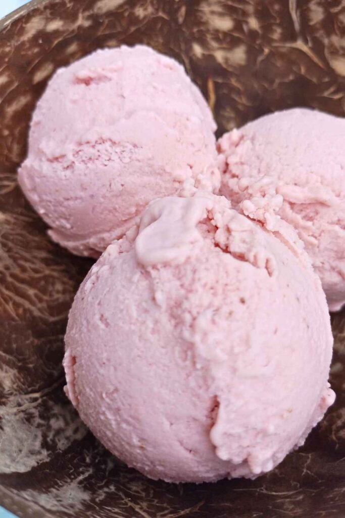 Three scoops of creamy Ninja Creami frozen yogurt in a coconut shell bowl