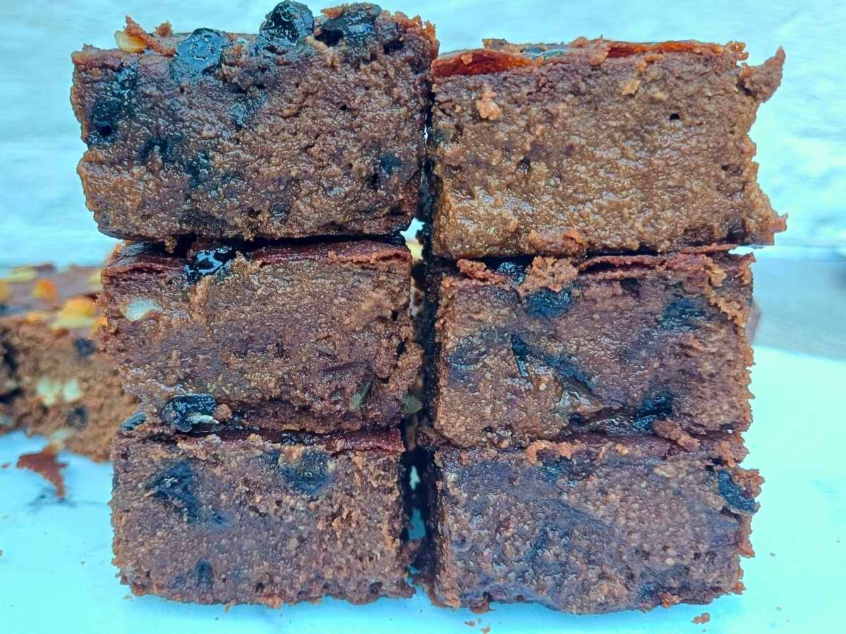 A stack of rich homemade almond flour chocolate brownies
