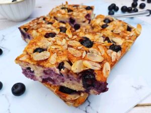 A few slices of blueberry cottage cheese breakfast bake on a plate