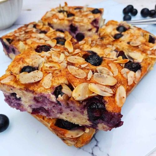A few slices of blueberry cottage cheese breakfast bake on a plate