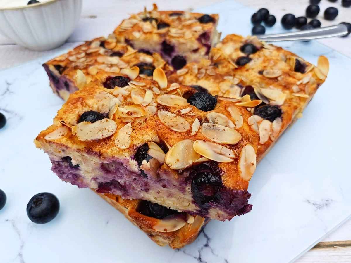 A few slices of blueberry cottage cheese breakfast bake on a plate
