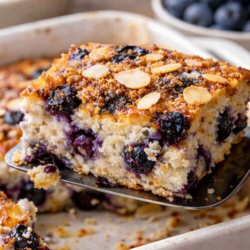 Blueberry cottage cheese breakfast bake taken out of the white baking dish