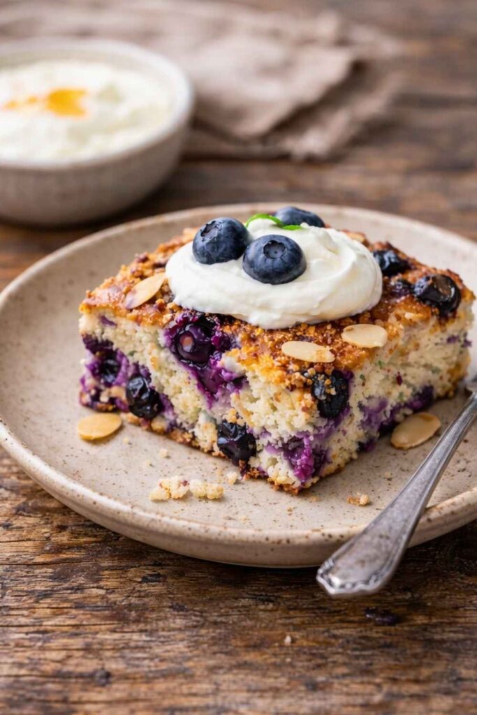 blueberry cottage cheese breakfast bake slice on a plate topped with ygurt