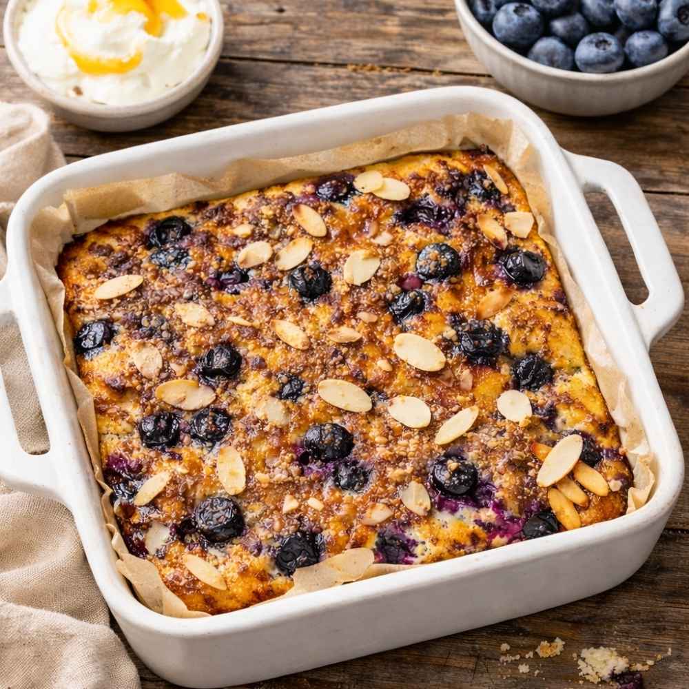 breakfast bake with cottage cheese and blueberries in a white baking dish