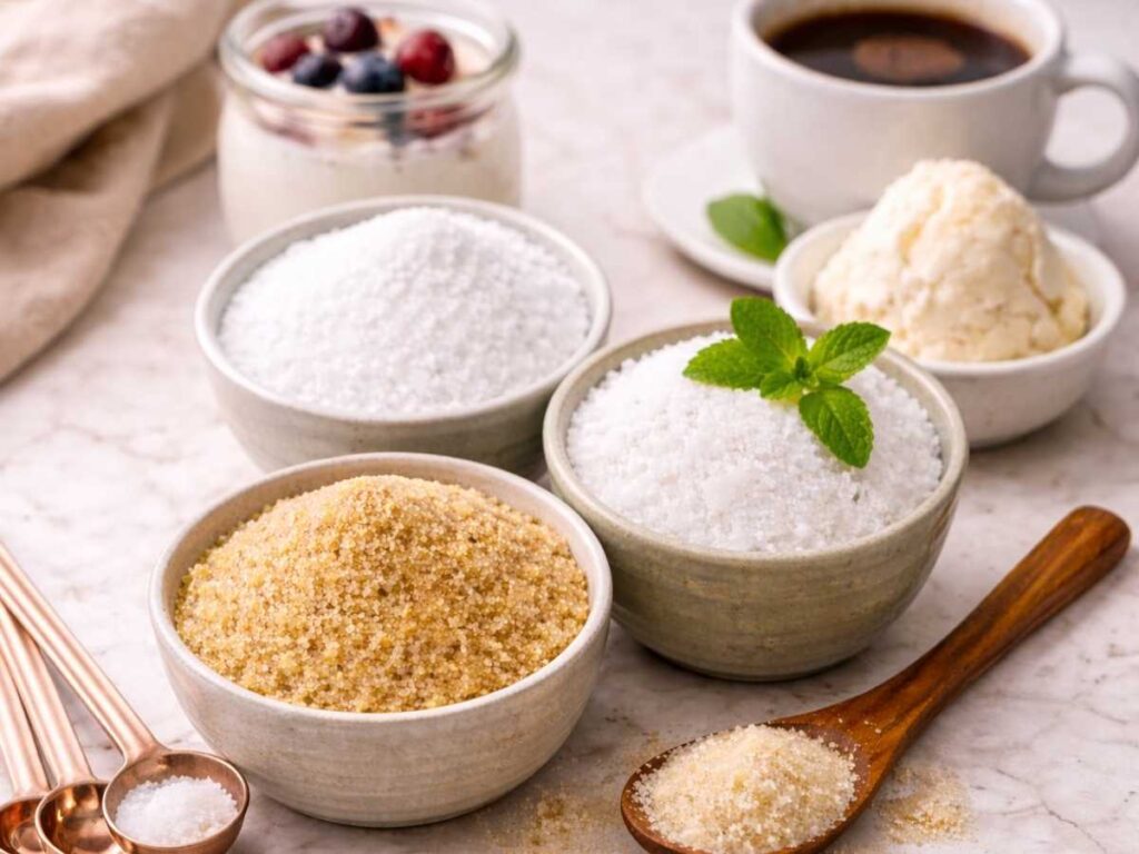Allulose vs stevia vs monk fruit comparison, sweeteners placed in three ceramic bowls with yogurs, coffee and dessert in the background