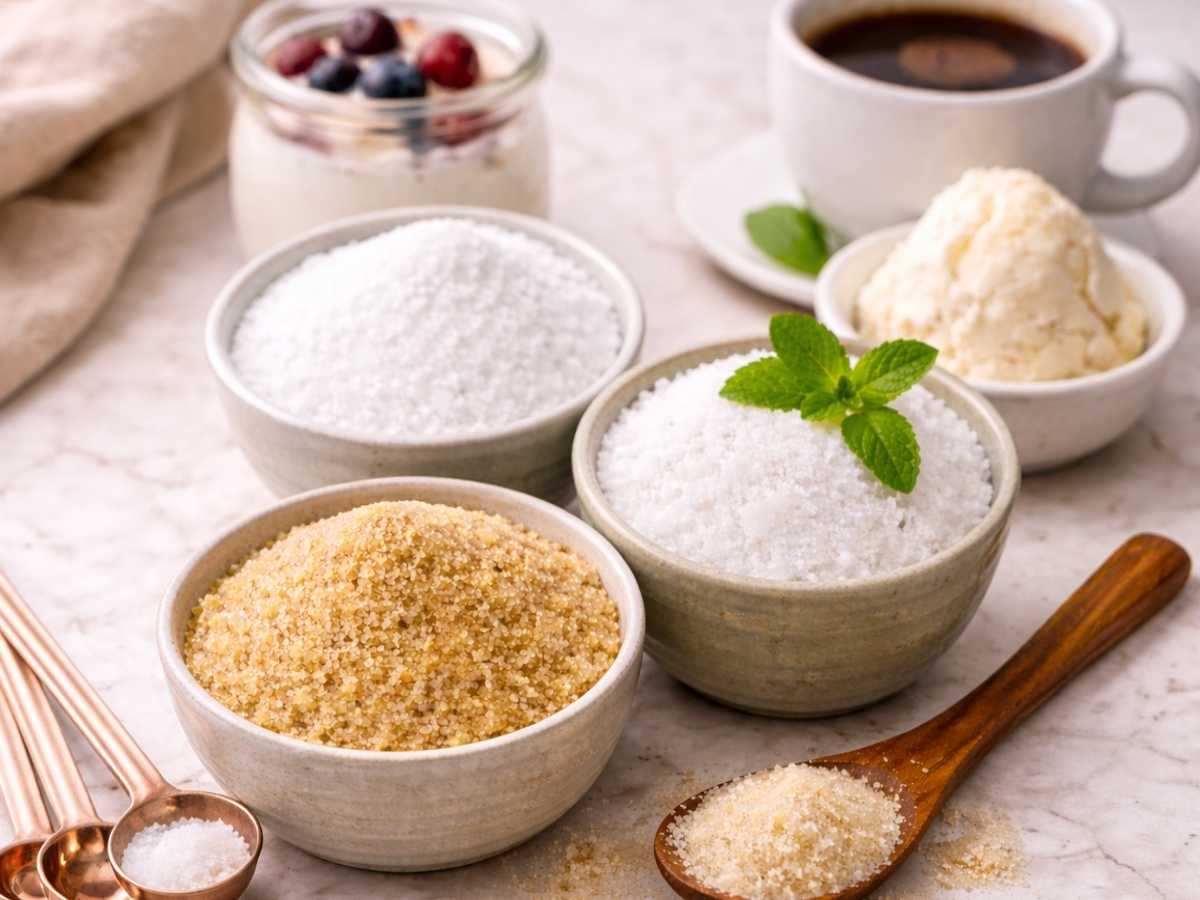 Allulose vs stevia vs monk fruit comparison, sweeteners placed in three ceramic bowls with yogurs, coffee and dessert in the background