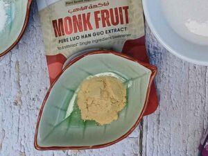 Monk fruit sweetener in a leaf shaped small bowl