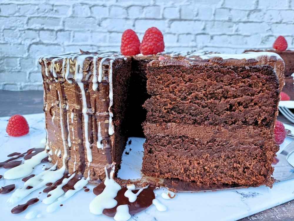 Chocolate almond flour cake cut to show inside