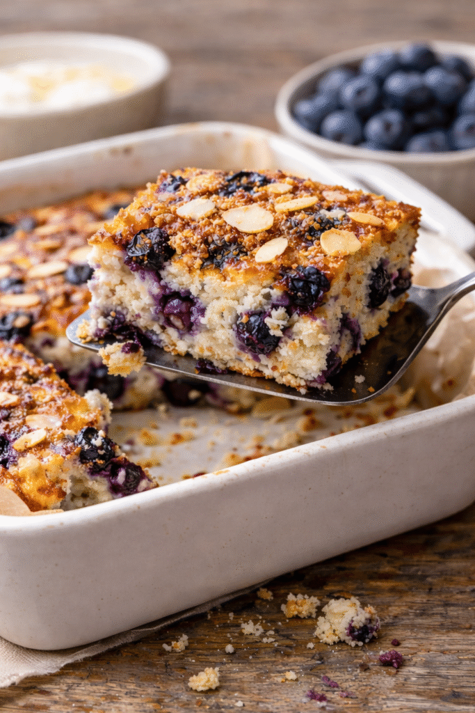 A slice of blueberry cottage cheese breakfast bake lifte up from the baking tray with a spatula