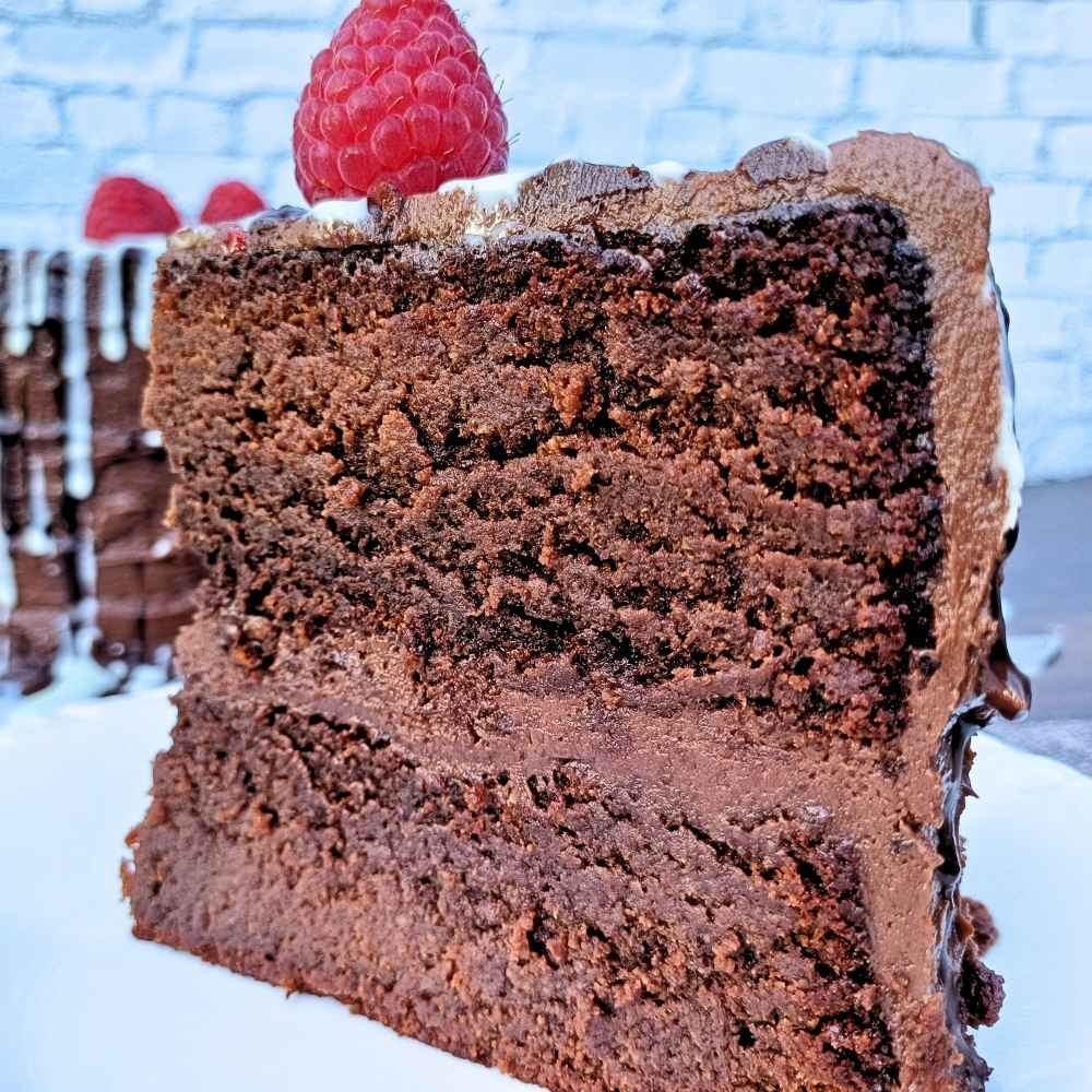 slice of almond flour chocolate cake with raspberry on top