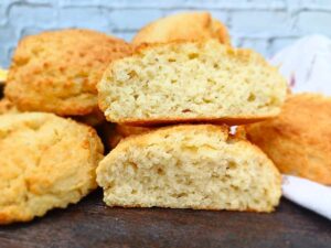 Almond flour biscuits broken in half showing soft center