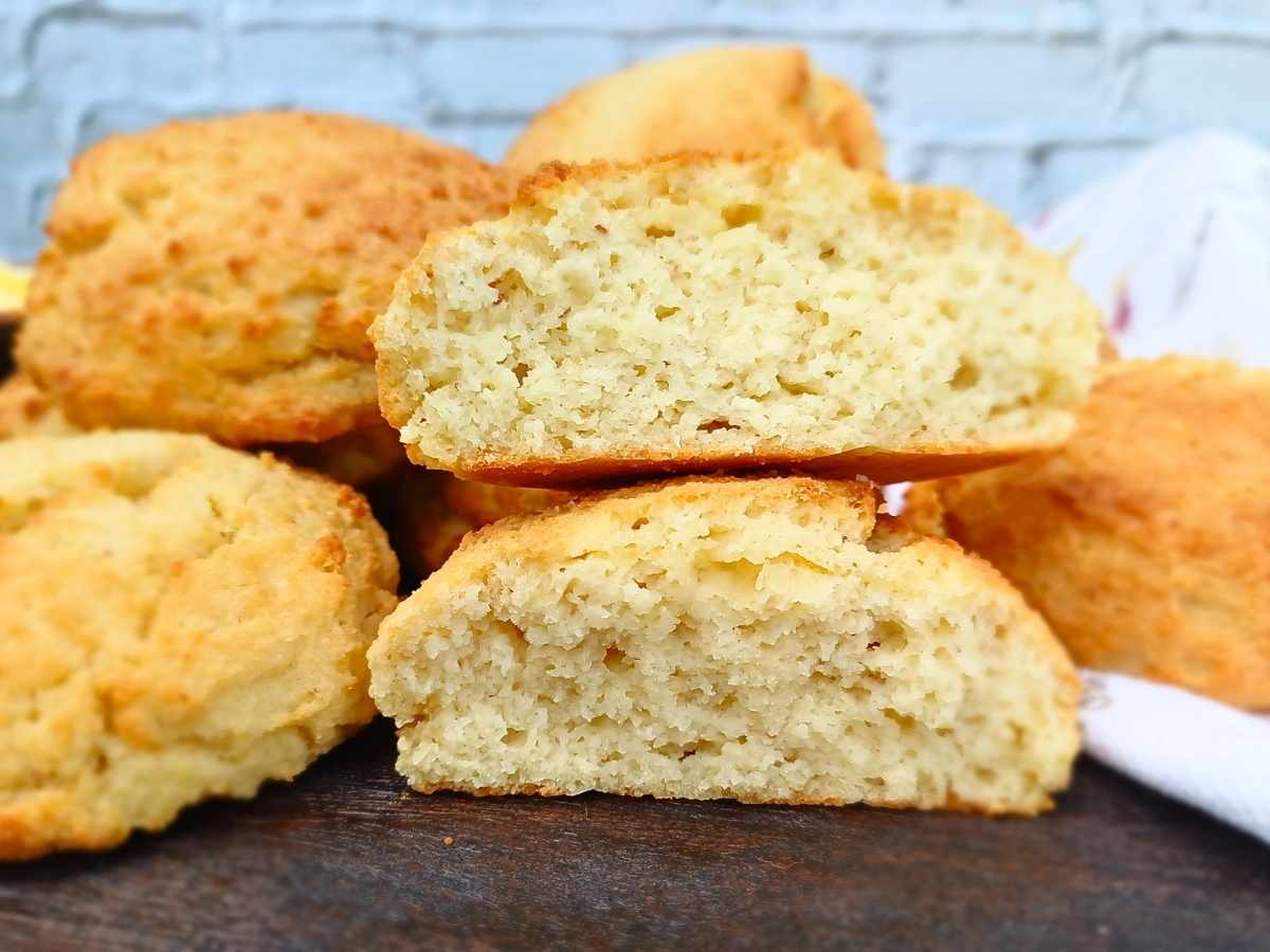 Almond flour biscuits broken in half showing soft center