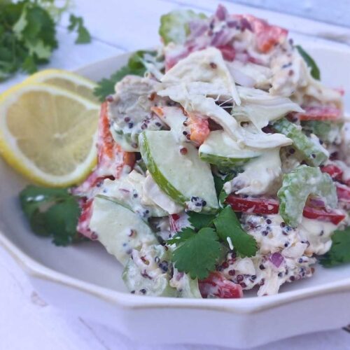 High protein chicken salad with yogurt dressing, quinoa and crunchy vegetables