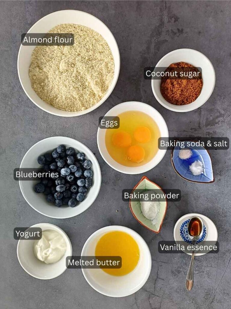 Ingredients for the blueberry almond flour muffins