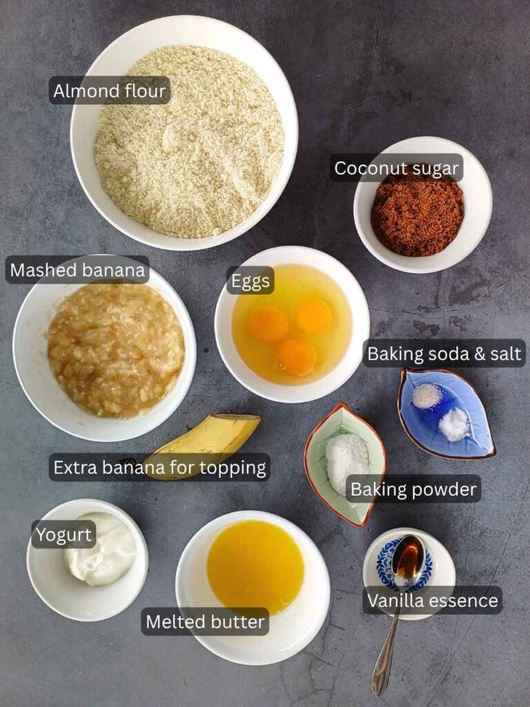 Ingredients for almond flour banana muffins in bowls