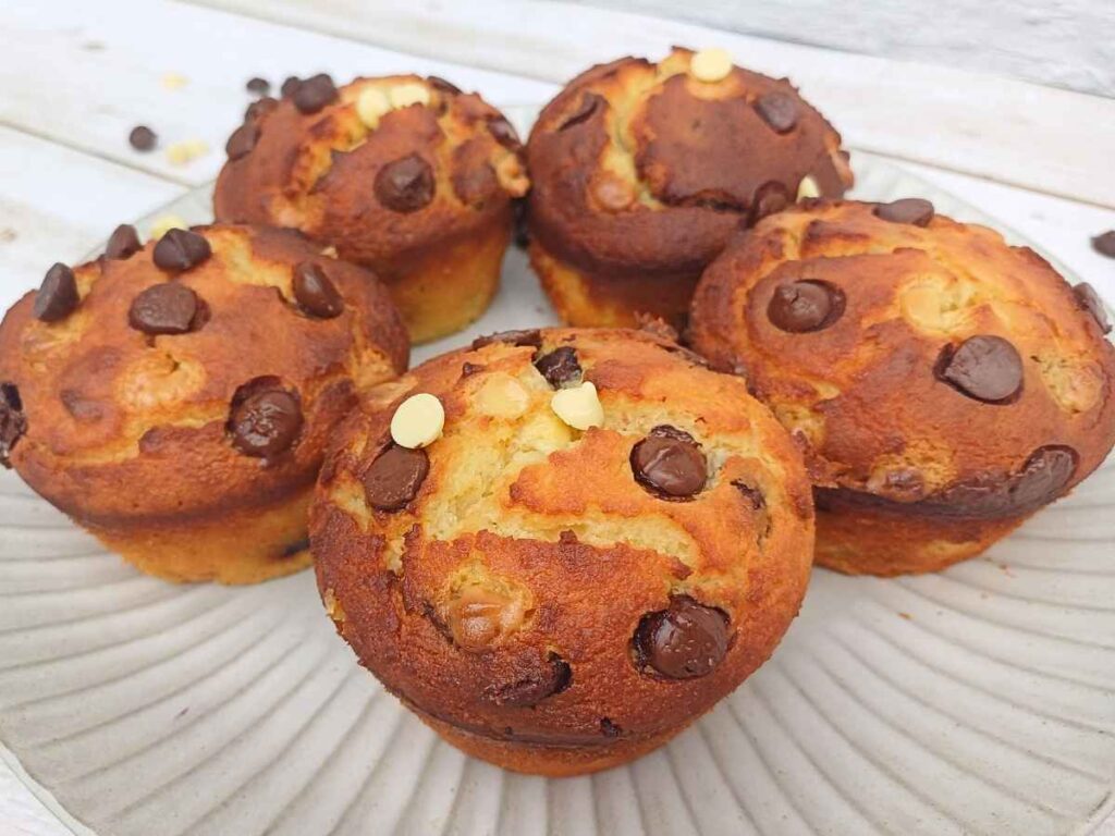 A few almond flrour choc chip muffins on a plate